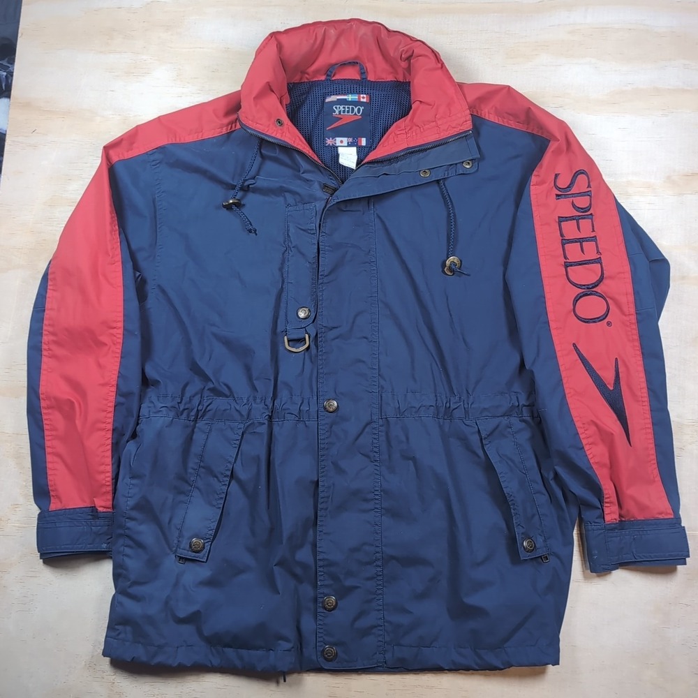 Vintage 90s Speedo Coat Jacket Long Mens M Sleeve Logo Collar Hood Full Zip